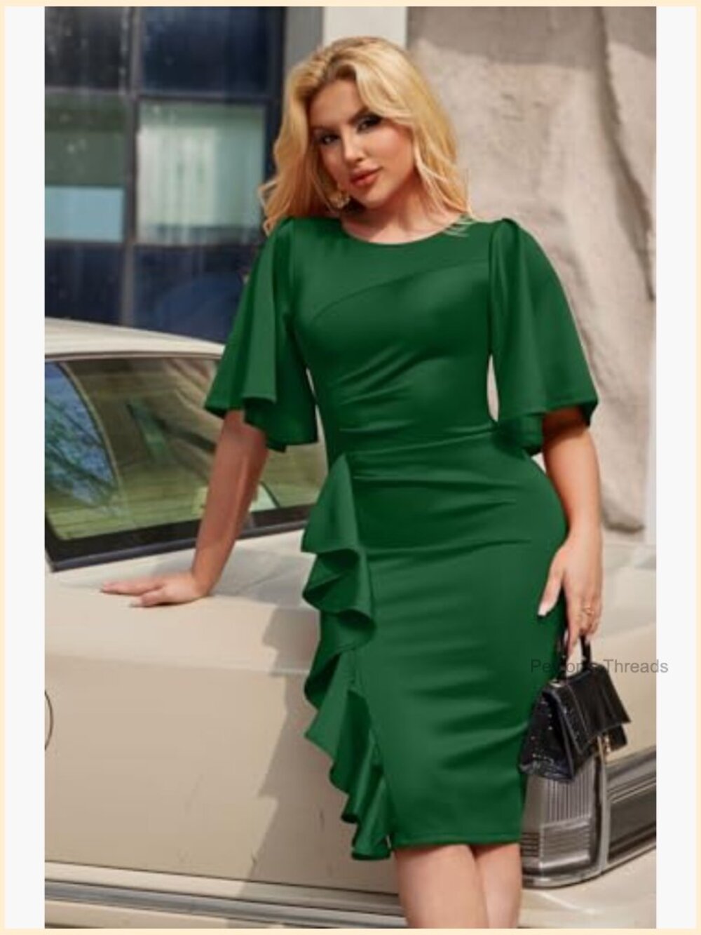Ruffle Sleeve Ruched Bodycon Midi Pencil Dress - Picture 5 of 6
